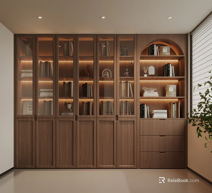 Elegant Full Wall Wooden Bookcase With Glass Doors Built In Warm Lights And Storage Drawers 3d model 