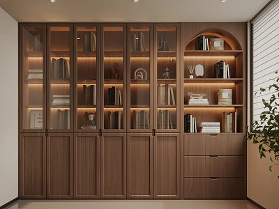 Elegant Full Wall Wooden Bookcase With Glass Doors Built In Warm Lights And Storage Drawers 3d model