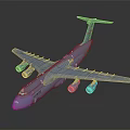 Blue Military Transport Airplane with Four Engines Long Wings Red Tail on Dark Reflective Background