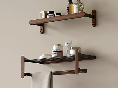 Bathroom Accessories with Wooden Wall-Mounted Shelves and Towel Bar Holding Toiletries like Bottles and Jars 3d model