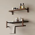 Bathroom Accessories with Wooden Wall-Mounted Shelves and Towel Bar Holding Toiletries like Bottles and Jars