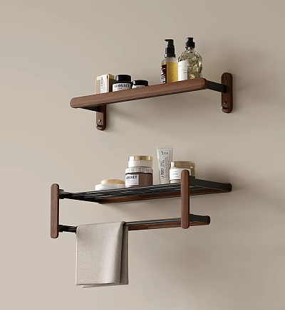 Bathroom Accessories with Wooden Wall-Mounted Shelves and Towel Bar Holding Toiletries like Bottles and Jars 3d model