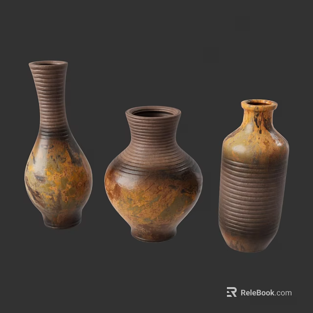 Artistic Ceramic Vases With Brown Yellow Hues And Striped Patterns In Various Shapes 3d model 