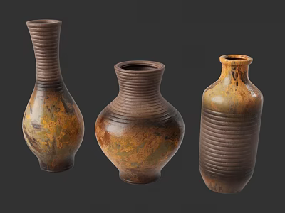 Artistic Ceramic Vases With Brown Yellow Hues And Striped Patterns In Various Shapes 3d model