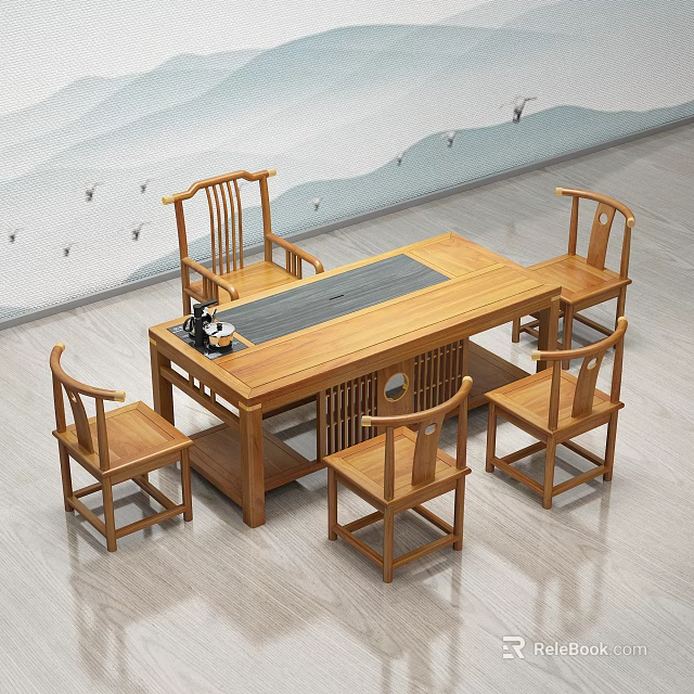Traditional Chinese Solid Wood Tea Table and Chairs With Black Tea Tray 3d model