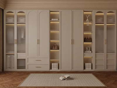 Stylish Storage Space Design With Light Colored Cabinets Glass Doors And Decorative Items 3d model