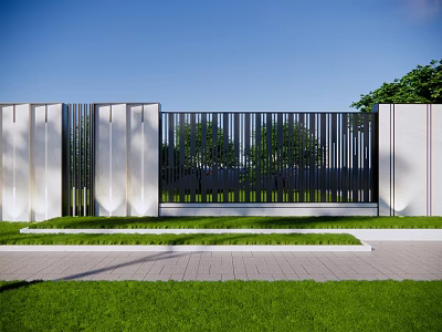 Modern Feature Wall Design With Vertical Metal Slats And Green Lawn Near Brick Pathway 3d model