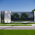 Modern Feature Wall Design With Vertical Metal Slats And Green Lawn Near Brick Pathway