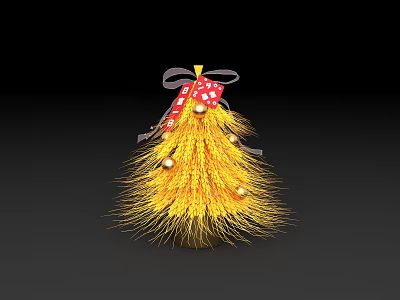 Fluffy Yellow Decorative Ornament Set With Red White Checkered Bow Black Ribbon And Golden Beads 3d model