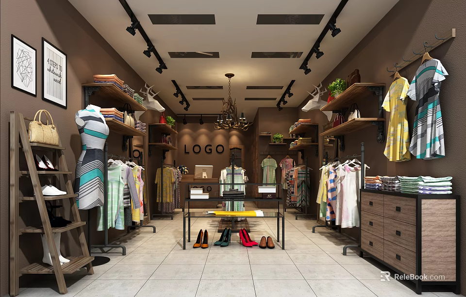 Fashion Clothing Store Interior with Hanging Clothes Racks Shoes Bags and Decorative Lighting 3d model 