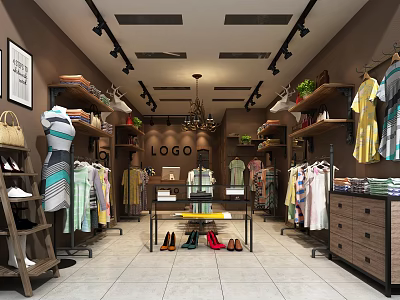 Fashion Clothing Store Interior with Hanging Clothes Racks Shoes Bags and Decorative Lighting 3d model