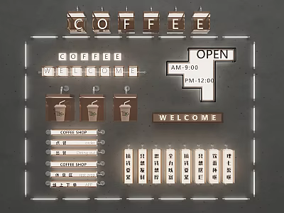 Café Lighting Combination with Letter Lights Opening Hours Welcome Sign and Menu Elements 3d model