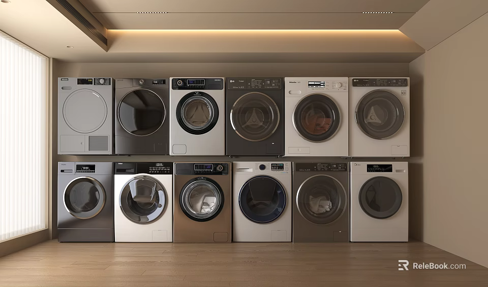 Various Washing Machine Models With Different Colors Styles Neatly Arranged In Indoor 3d model 