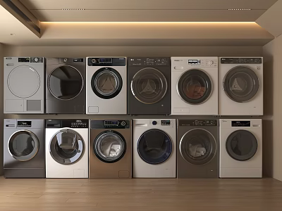 Various Washing Machine Models With Different Colors Styles Neatly Arranged In Indoor 3d model