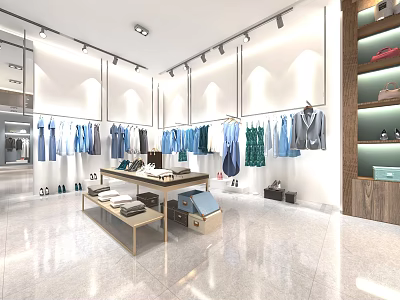 Modern Clothing Store with Hanging Clothes Display Tables Shoes Bags and Bright Interior 3d model