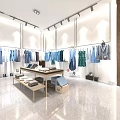 Modern Clothing Store with Hanging Clothes Display Tables Shoes Bags and Bright Interior