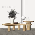 Modern Wooden Coffee Table with White Vase Dried Flowers and Small Round Side Table