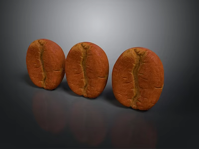 Three Brown Textured Coffee Fruits On Dark Background With Reflection 3d model