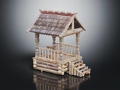Traditional Wooden Pavilion With Thatch Roof Carved Railings And Decorative Steps 3d model