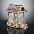 Traditional Wooden Pavilion With Thatch Roof Carved Railings And Decorative Steps
