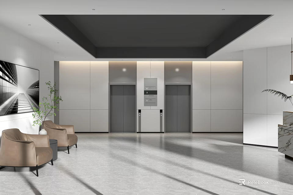 Modern Elevator Lobby Interior With Gray Walls Elevator Doors Leather Chairs And Marble Floor 3d model 