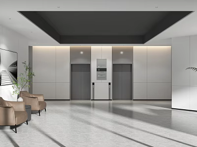 Modern Elevator Lobby Interior With Gray Walls Elevator Doors Leather Chairs And Marble Floor 3d model