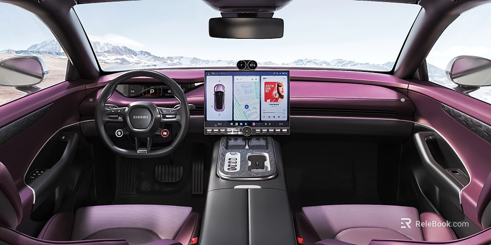 Luxury Car Interior With Dual Screen Dashboard And Purple Leather Seats 3d model 