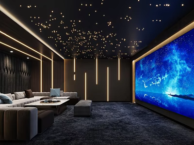 Modern Home Theater Room With Starry Ceiling Large Screen Comfortable Sofas And Ambient Lighting 3d model