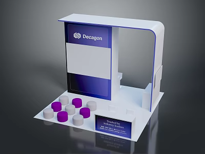 Decagon Exhibition Booth With White Blue Curved Panel Screen Purple White Cylinders And Luminance Lighting 3d model