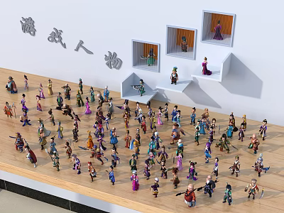 Diverse Game and Movie Character Figurines Arranged On Display Platform With Wall Niches 3d model