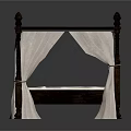 Dark Wooden Carved Four Poster Double Bed with White Canopy Curtains and Mattress
