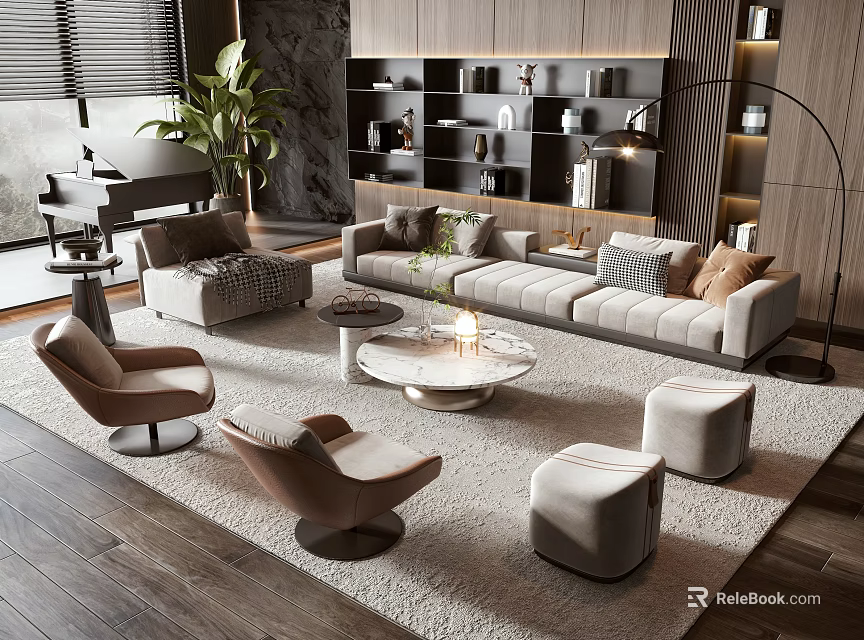 Modern Sectional Sofa And Coffee Table Set With Round Marble Top Decorative Pillows And Ottomans 3d model 