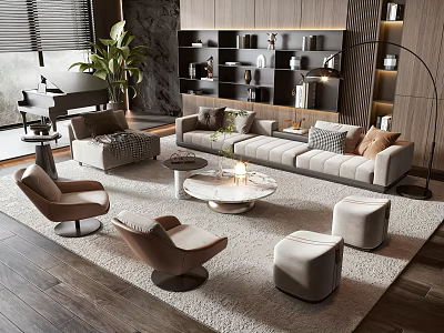 Modern Sectional Sofa And Coffee Table Set With Round Marble Top Decorative Pillows And Ottomans 3d model