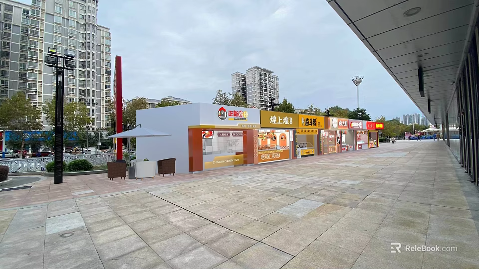 Vibrant Commercial Street With Modern Shops Paved Square Outdoor Seating And High Rise Buildings 3d model 