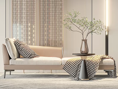 Beige Two Seater Sofa With Checkered Blanket Pillows And Side Table Vase Green Plant 3d model
