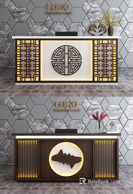 Elegant Reception Desk With Chinese Lattice Decoration And Marble Background Wall 3d model