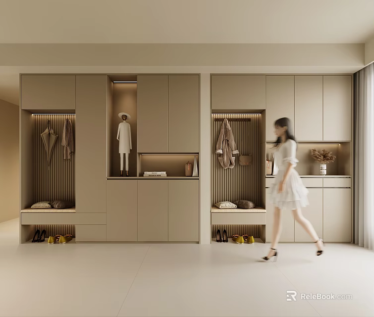 Modern Entryway Shoe Cabinet Design With Built in Storage Hanging Area And Display Shelf 3d model 