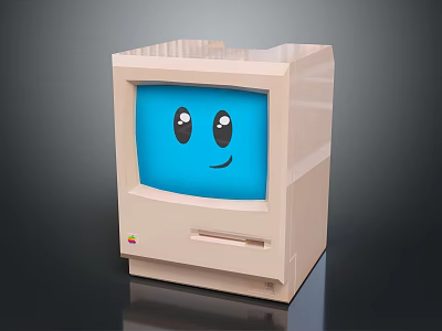 Vintage Computer With Beige Body Blue Screen And Smiley Face Retro Desktop Device 3d model