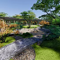Tranquil Courtyard Garden With Stone Pathway Lush Greenery Autumn Trees And Flowing Stream