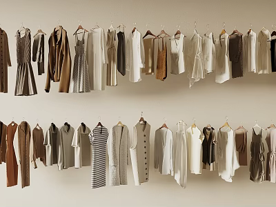 Hanging Clothes On Hangers In Two Layers On Light Wall With Various Colors And Styles 3d model