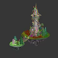 Enchanting Cartoon Scene With Floating Islands Tall Tower Green Trees And Stone Path