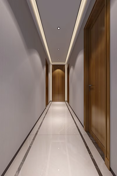 Modern Elevator Hallway Design With Wooden Doors White Walls And Marble Flooring 3d model