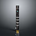 Sleek Black Lightsaber Weapon With Metal Stripes Blue Gemstone And Golden Base