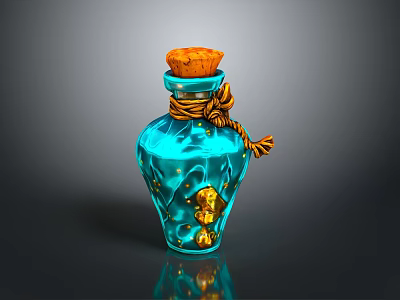 Decorative Blue Glass Bottle With Wooden Cork Rope And Golden Elements For Household Use 3d model