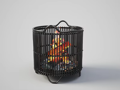 Round Metal Mesh Fireplace With Handle Burning Flames And Glowing Embers 3d model