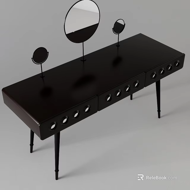 Black Modern Dressing Table With Multiple Drawers And Round Mirrors 3d model 