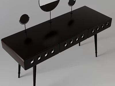 Black Modern Dressing Table With Multiple Drawers And Round Mirrors 3d model