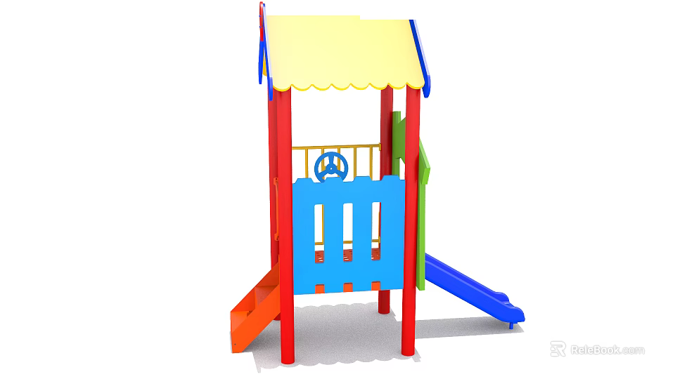 Colorful Playground Equipment with Slides Canopy Roof Red Posts Blue Railings for Kids 3d model 
