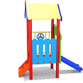 Colorful Playground Equipment with Slides Canopy Roof Red Posts Blue Railings for Kids