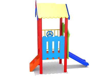 Colorful Playground Equipment with Slides Canopy Roof Red Posts Blue Railings for Kids 3d model